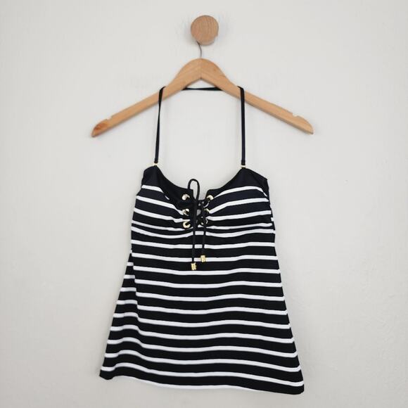 NWT Ralph Lauren Port Black White Stripe Lace Front Tankini Tankini Swim Top - Picture 4 of 10